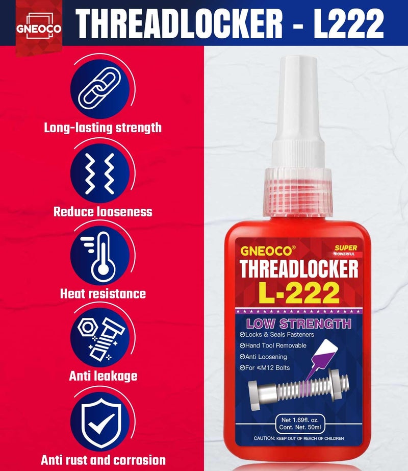 GNEOCO ThreadLocker Purple, Thread Lock Low Strength Lock Tight for Nuts, Bolts, Fasteners and Metals, Anaerobic Curing Metal Glue to Prevent Loosening and Corrosion (L222-50ml) - Image 2